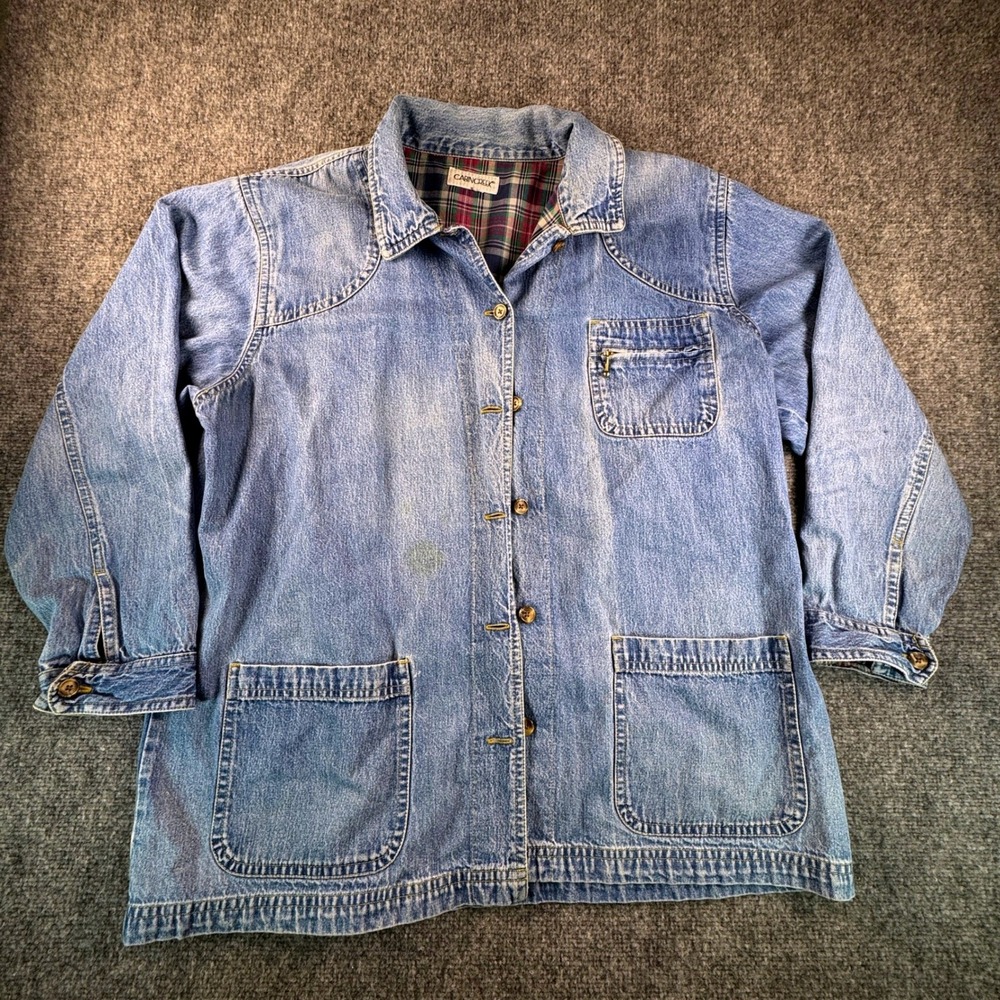 Vintage Denim Chore Coat Plaid Trim Barn Jacket Cabin Creek XXL Blue Utility